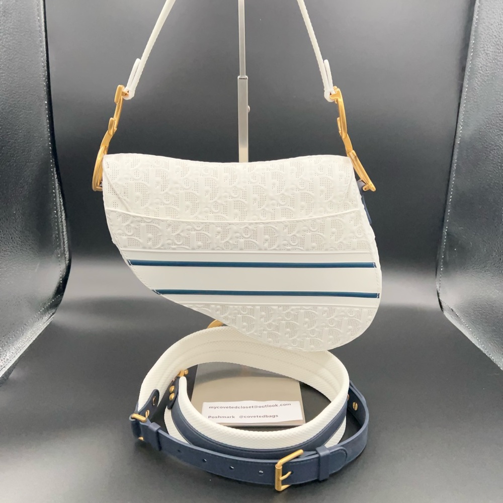 Dior Medium Saddle Bag White w/Navy and Gold Accents in Perforated Leather! ๐ค๐ - Picture 3 of 16